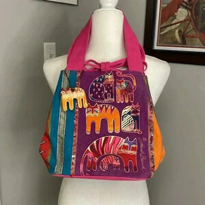 Laurel Burch Colorful Cat Purse Tote Bag Pink Feline Cat Lover Artsy Funky